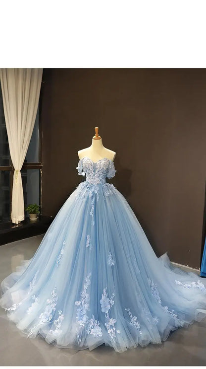 Princess Off-The-Shoulder Appliqued Quinceanera Dress With Small Train