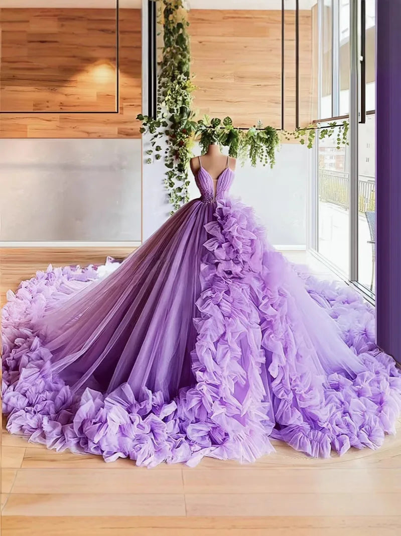 Puff Skirt Strapped Deep V-Neck Quinceanera Dress