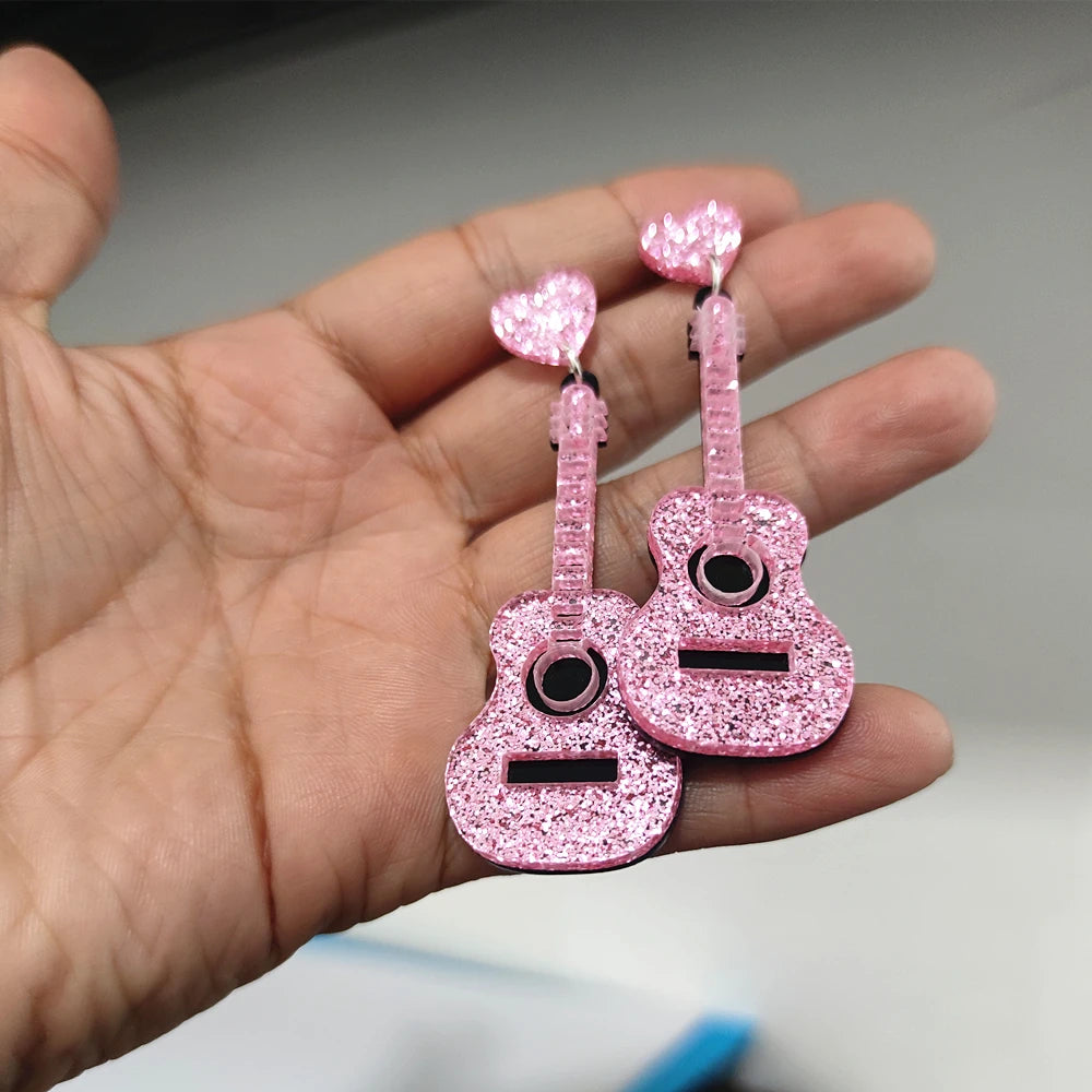 Pink Guitar Dangle Stud Earrings