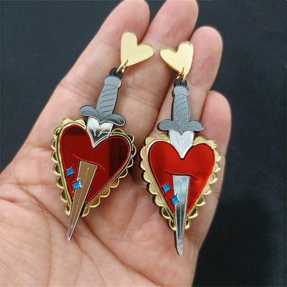 Stabbed Heart Dangle Stud Earrings