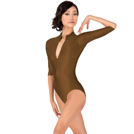 Woman wearing a brown leotard on a white background