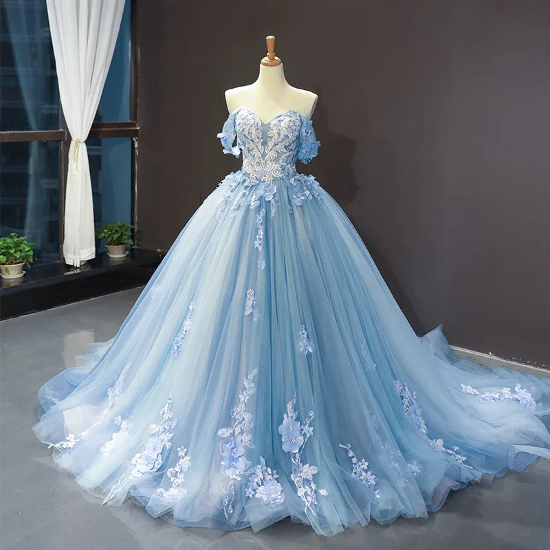 Princess Off-The-Shoulder Appliqued Quinceanera Dress With Small Train
