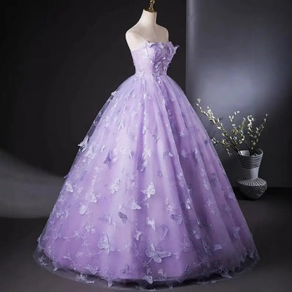 Light Luxury Lace Strapless Quinceanera Dress with Three-Dimensional Butterfly Appliques