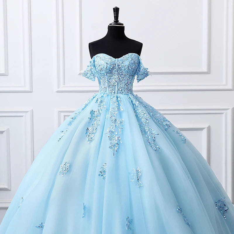 Sky Blue Ball Gown Luxury Glitter Quinceanera Dress