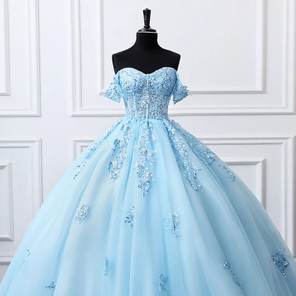 Sky Blue Ball Gown Luxury Glitter Quinceanera Dress