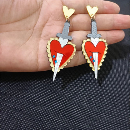 Stabbed Heart Dangle Stud Earrings