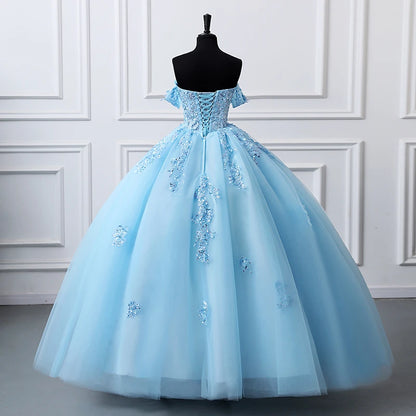 Sky Blue Ball Gown Luxury Glitter Quinceanera Dress