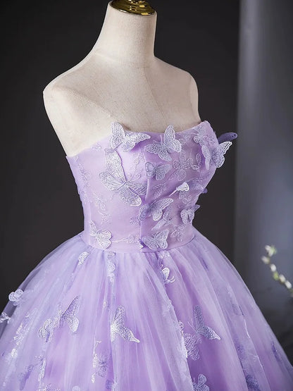 Light Luxury Lace Strapless Quinceanera Dress with Three-Dimensional Butterfly Appliques