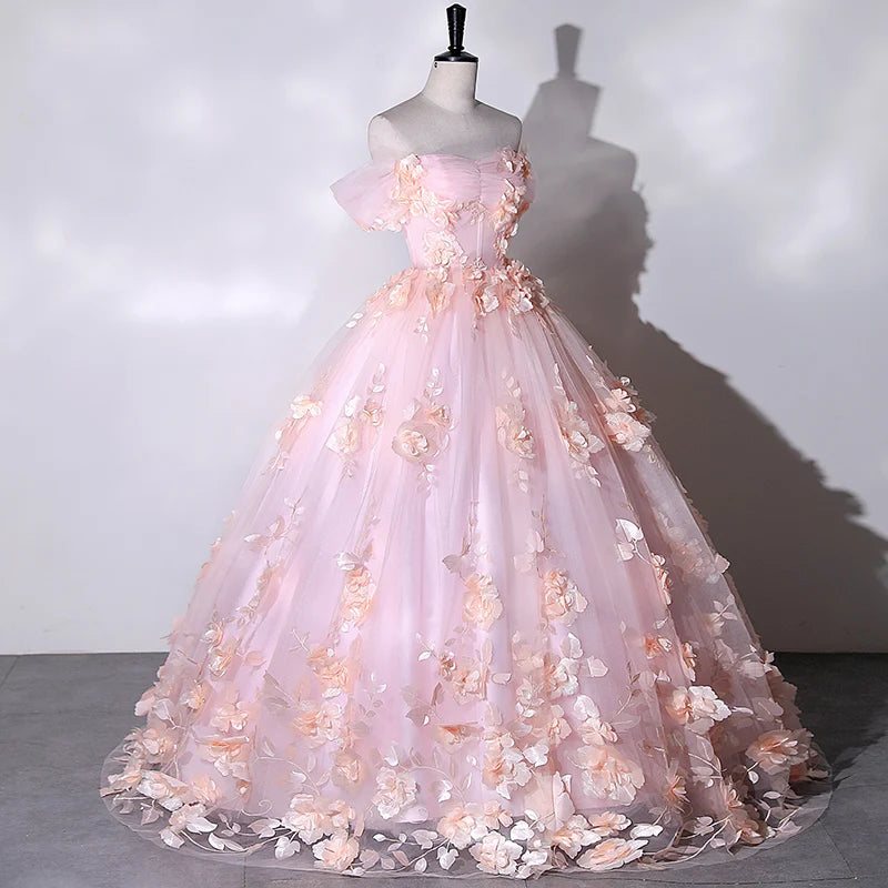 Off The Shoulder Lace Princess Ball Gown with Floral Appliques