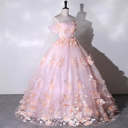 Off The Shoulder Lace Princess Ball Gown with Floral Appliques
