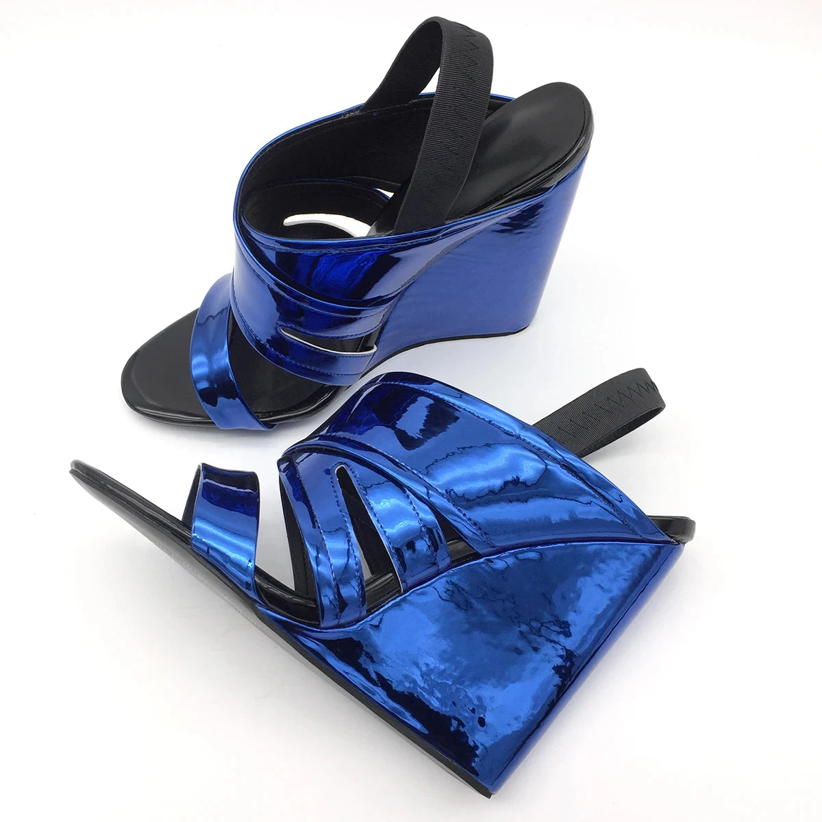 Wedge Sandals High Heels Slingback Metallic Mirror Blue Patent