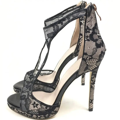 Lace Sandals Peep Toe High Heels Stiletto Back Zipper