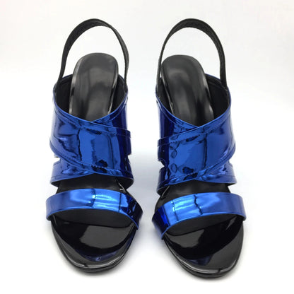 Wedge Sandals High Heels Slingback Metallic Mirror Blue Patent