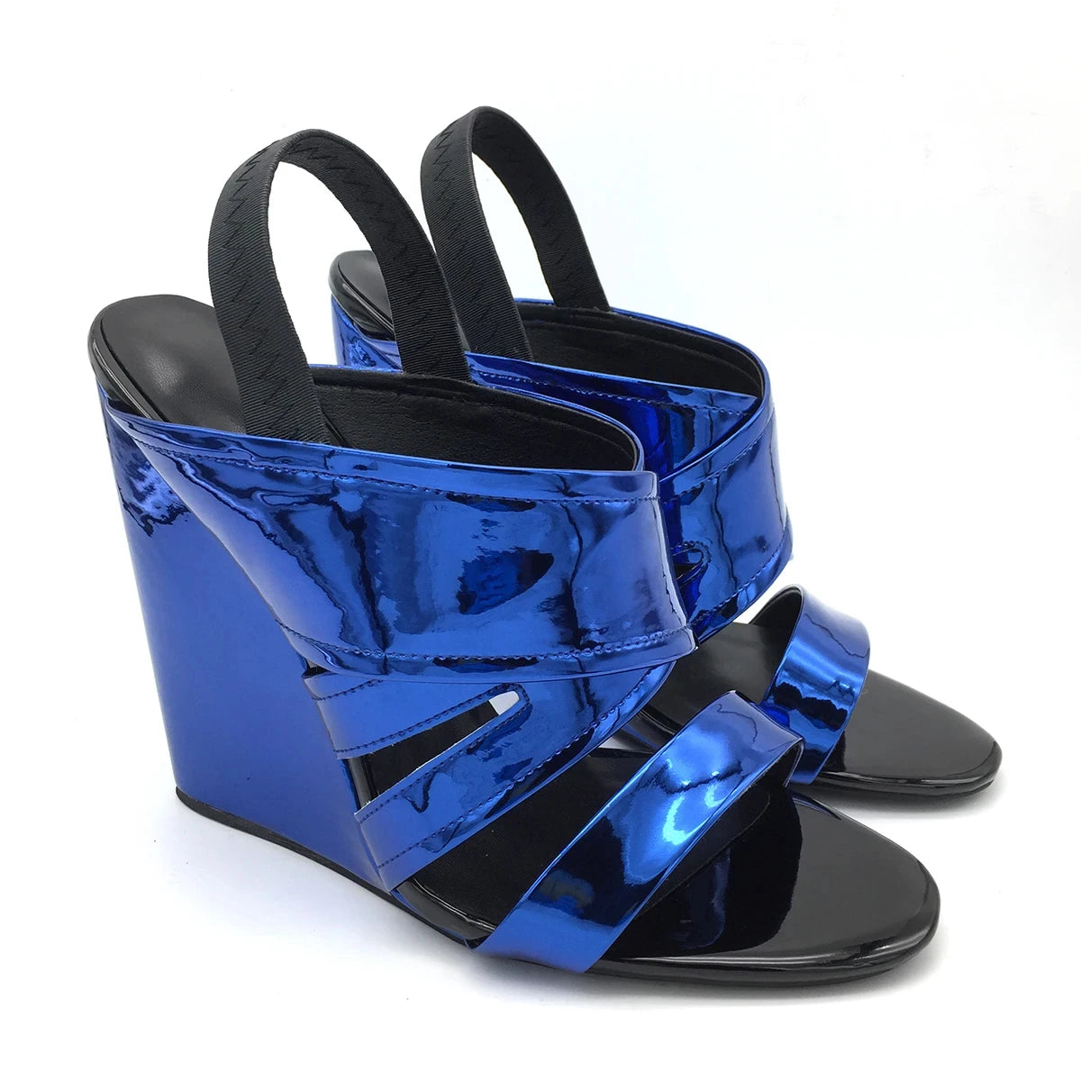 Wedge Sandals High Heels Slingback Metallic Mirror Blue Patent