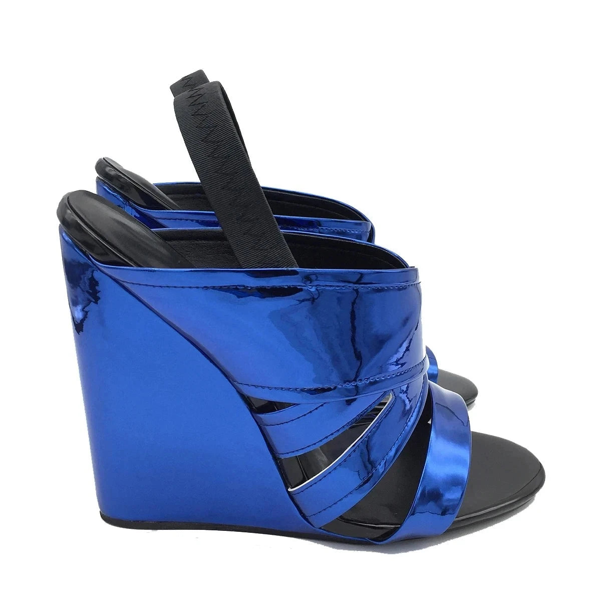 Wedge Sandals High Heels Slingback Metallic Mirror Blue Patent