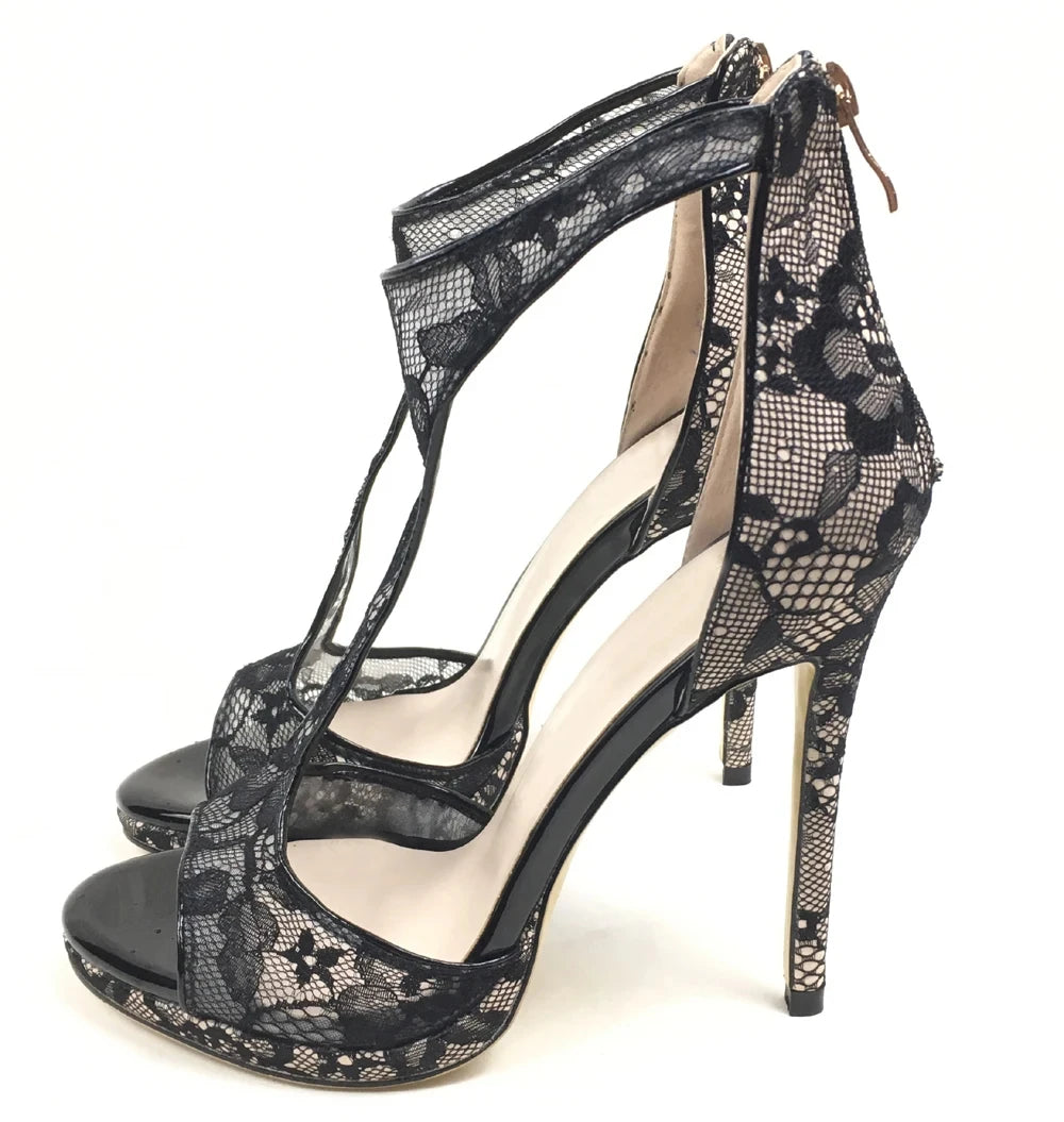 Lace Sandals Peep Toe High Heels Stiletto Back Zipper