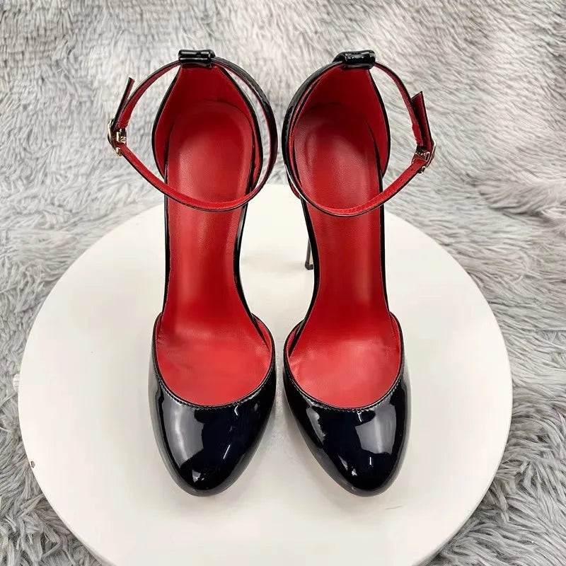 Round Toe High heels Sandals Patent Leather Ankle Strap