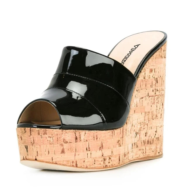 Cork Wedge Sandals Summer High Heels Platform Slip On Mules Patent Leather