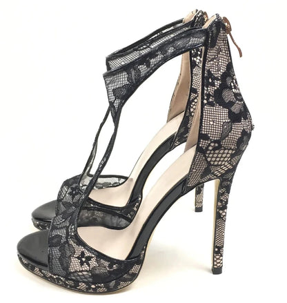 Lace Sandals Peep Toe High Heels Stiletto Back Zipper