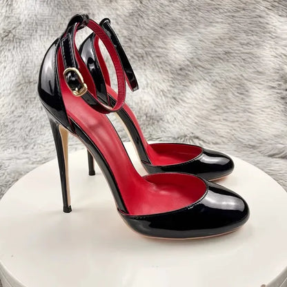 Round Toe High heels Sandals Patent Leather Ankle Strap