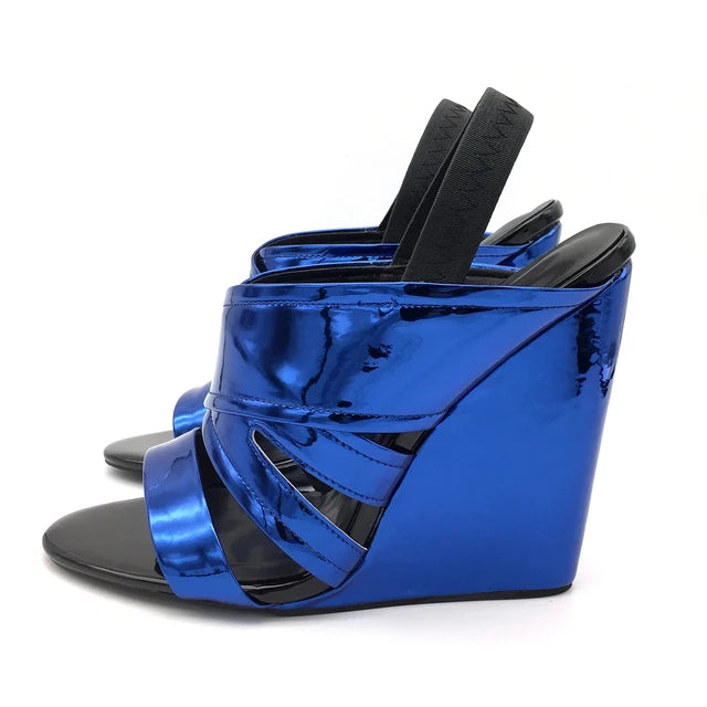 Wedge Sandals High Heels Slingback Metallic Mirror Blue Patent