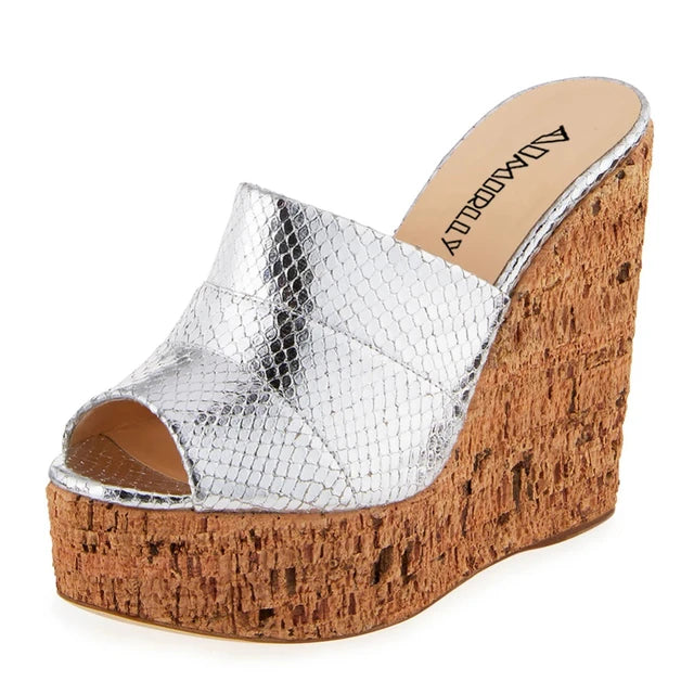 Cork Wedge Sandals Summer High Heels Platform Slip On Mules Patent Leather