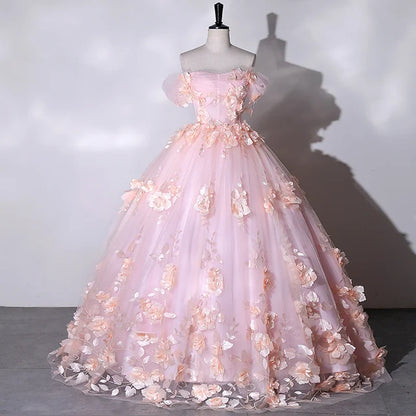 Off The Shoulder Lace Princess Ball Gown with Floral Appliques