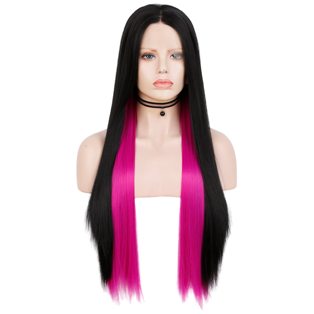 Black and Fuchsia Straight Synthetic Lace Front Wig