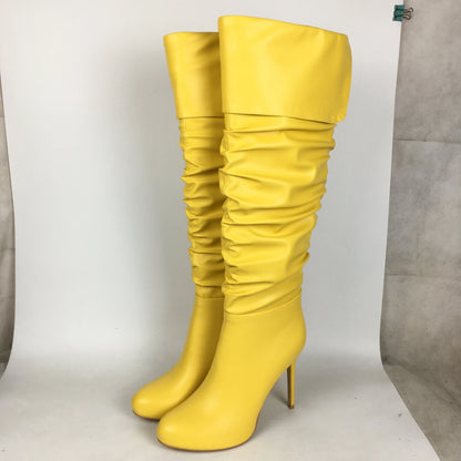 Wrinkled Over the Knee Round Toe High Heel Boots