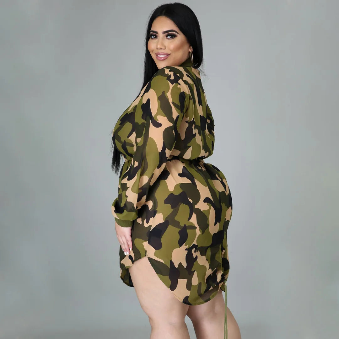 Plus Size Camouflage Print Loose Front Zipper Dress