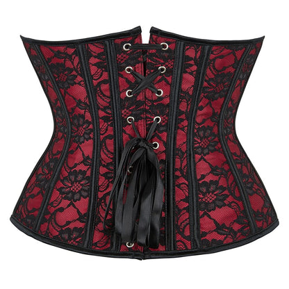 Black and Red Floral Embroidered Underbust Corset