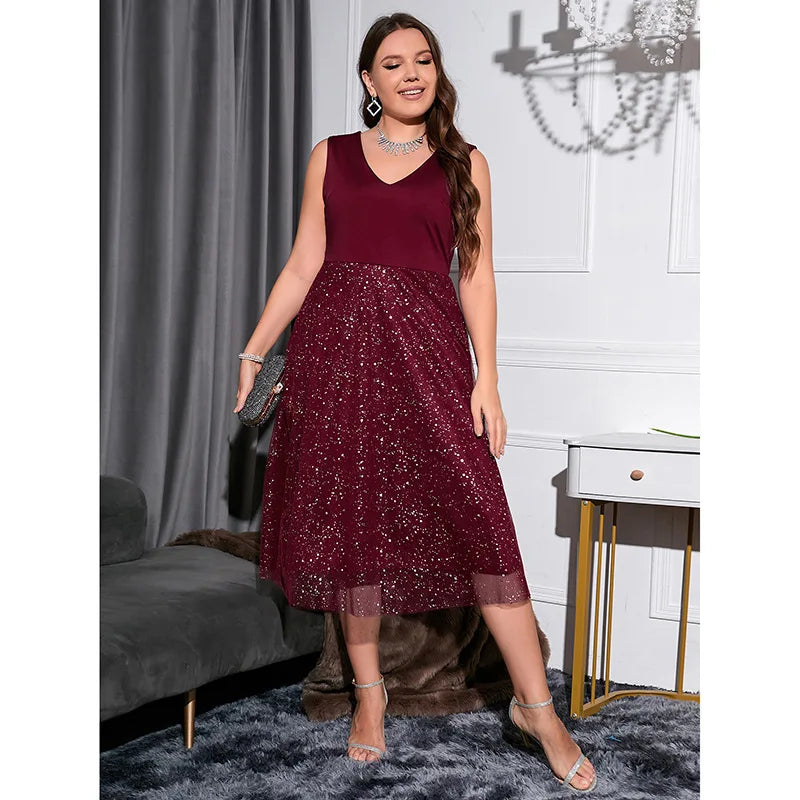 Plus Size Elegant Sleeveless V-neck Spotted Gauze Skirt Loose Dress