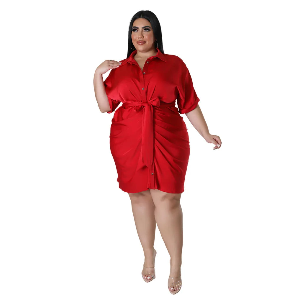 Plus Size Short-sleeved Red Dress V-neck Short Dresss