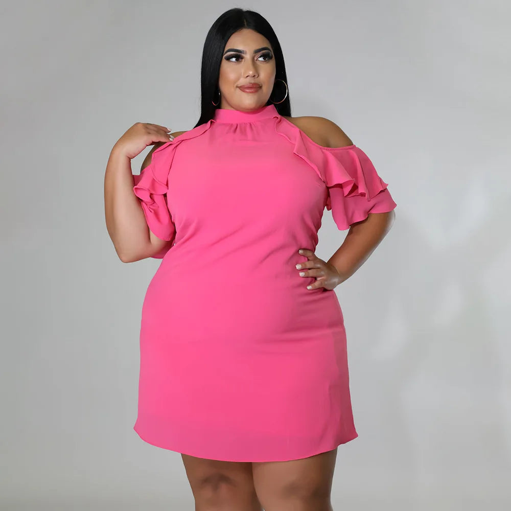 Plus Size Ruffled Irregular Off-the-shoulder Mini-skirt Dress