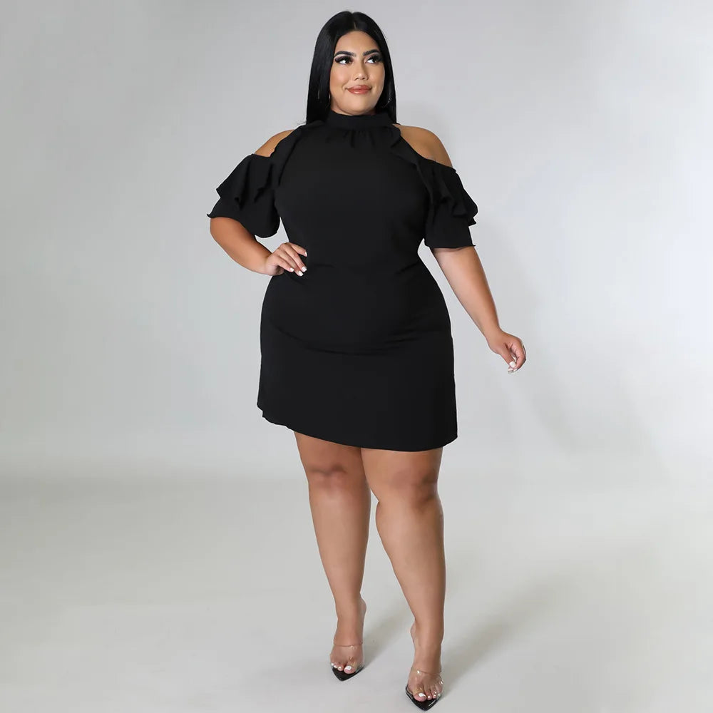 Plus Size Ruffled Irregular Off-the-shoulder Mini-skirt Dress