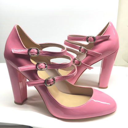 3-Straps Buckle Round Toe High Heels Pumps