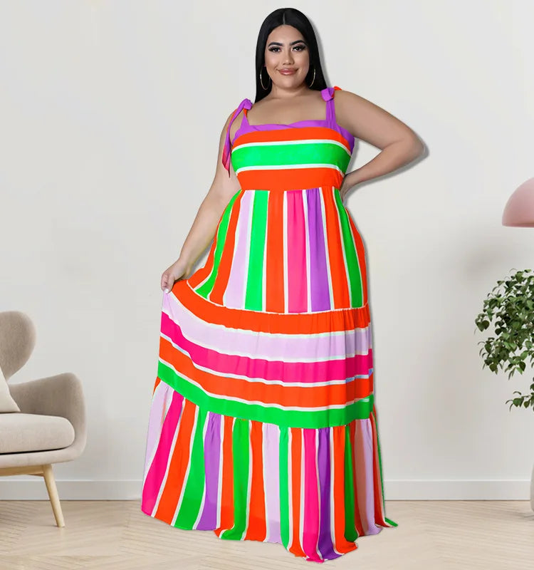 Plus Size Striped Colorful Loose Sling Dress