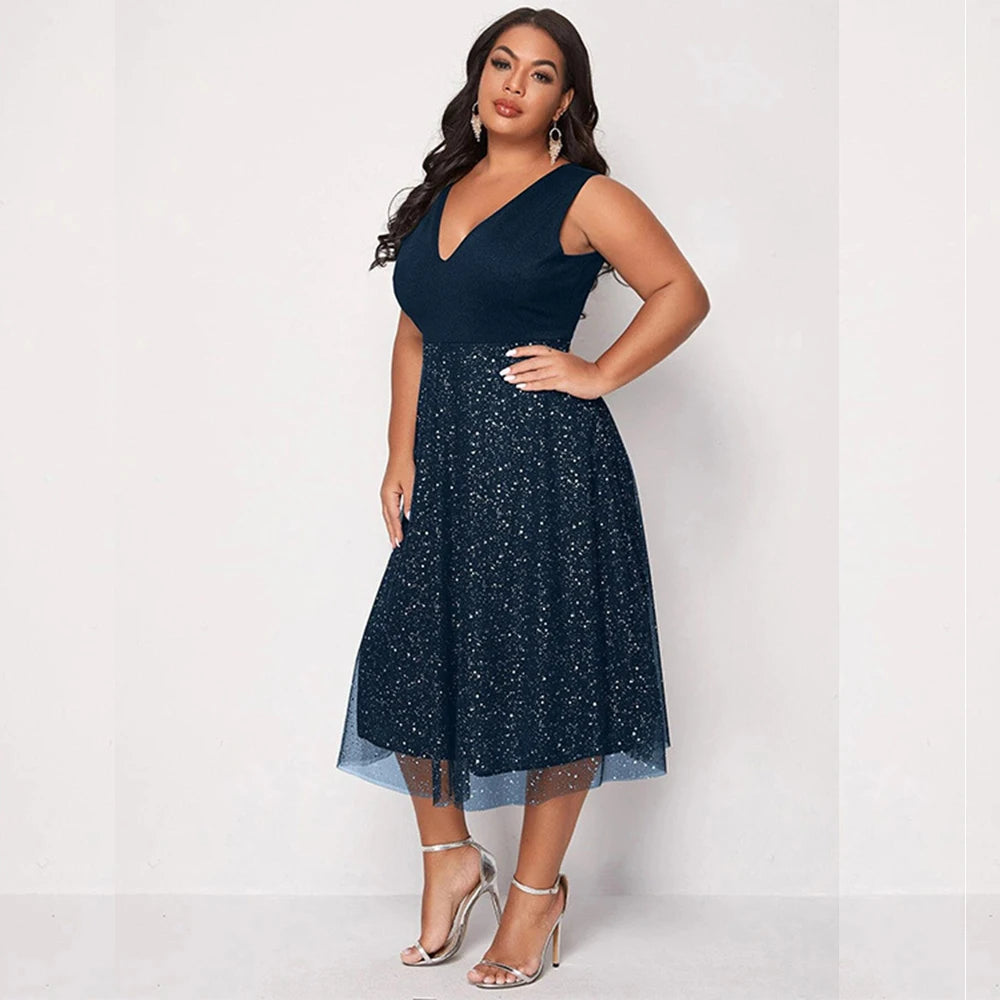 Plus Size Elegant Sleeveless V-neck Spotted Gauze Skirt Loose Dress