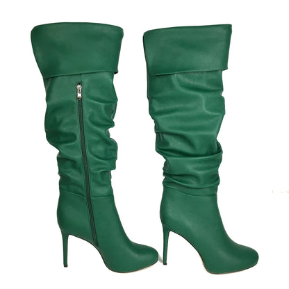 Wrinkled Over the Knee Round Toe High Heel Boots