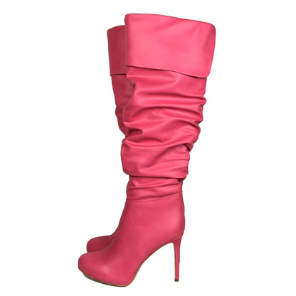 Wrinkled Over the Knee Round Toe High Heel Boots