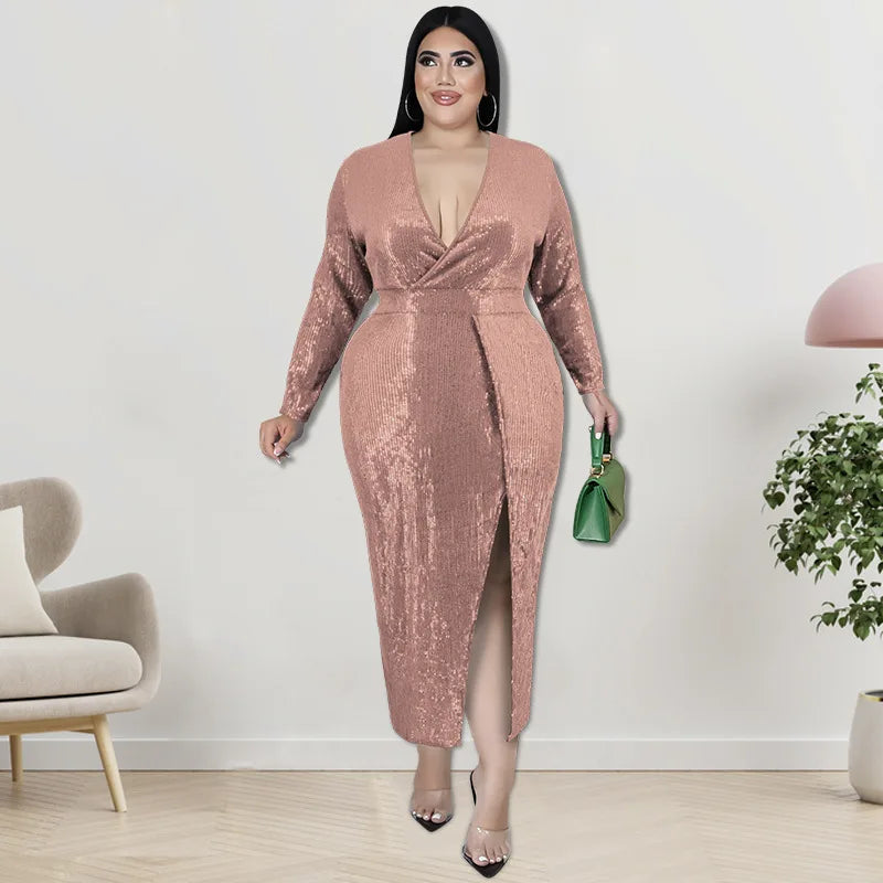 Plus Size Long Skirt Sequin Velvet V-neck Long-sleeved Dress