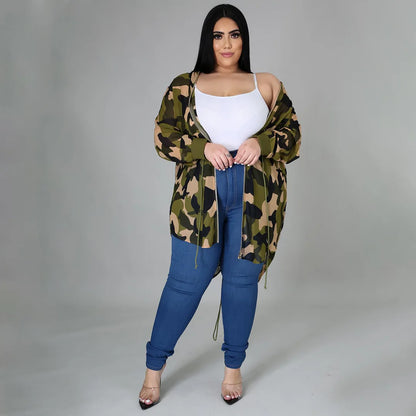 Plus Size Camouflage Print Loose Front Zipper Dress