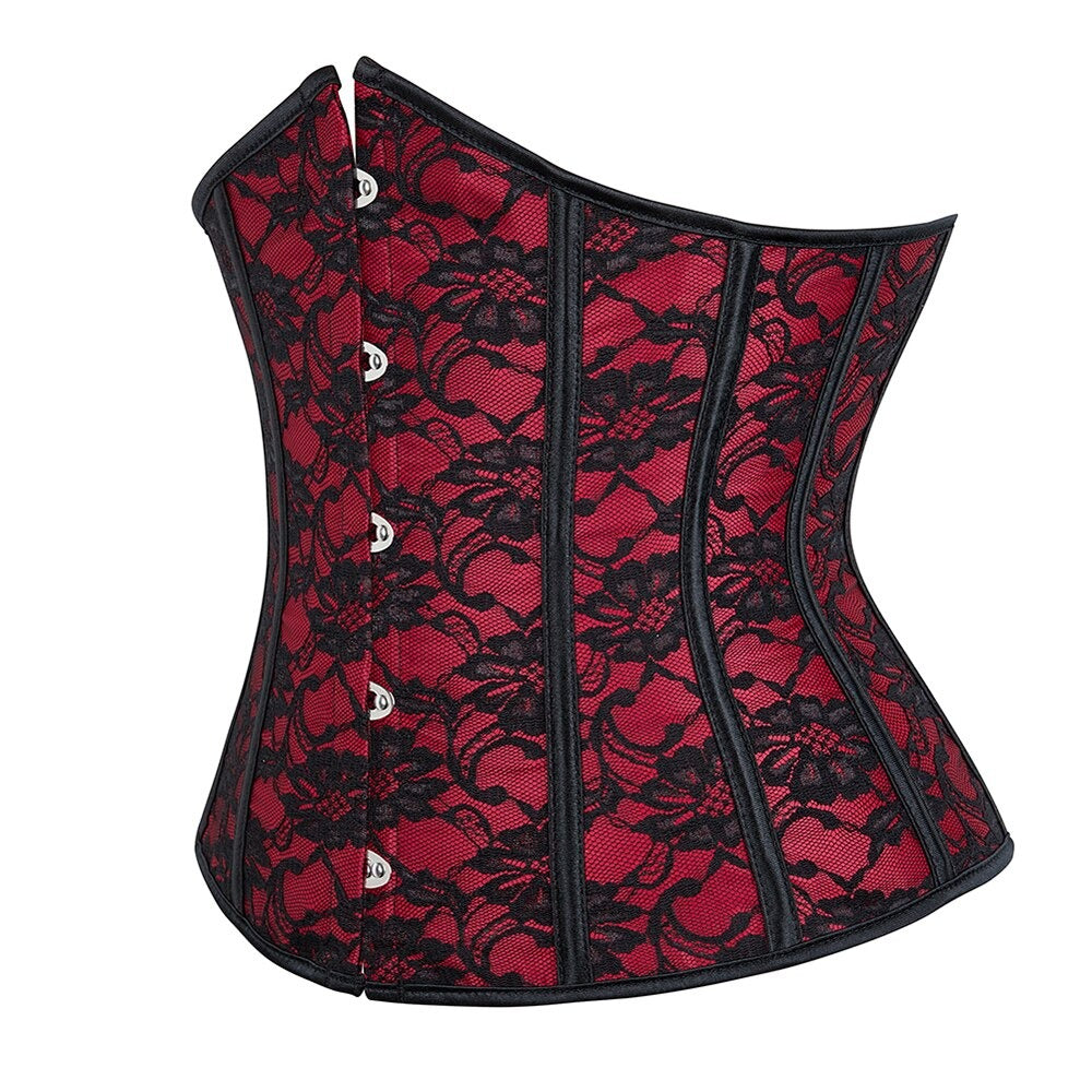 Black and Red Floral Embroidered Underbust Corset