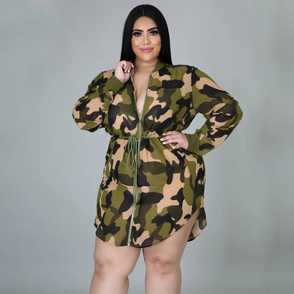 Plus Size Camouflage Print Loose Front Zipper Dress