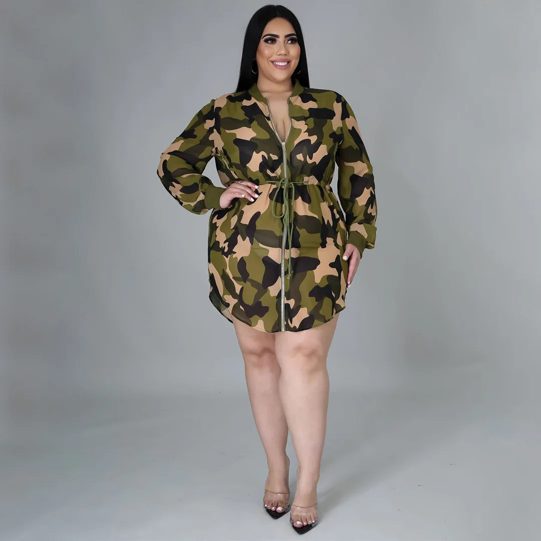 Plus Size Camouflage Print Loose Front Zipper Dress