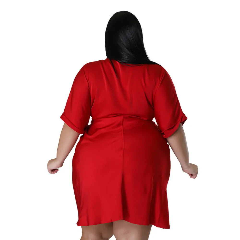 Plus Size Short-sleeved Red Dress V-neck Short Dresss