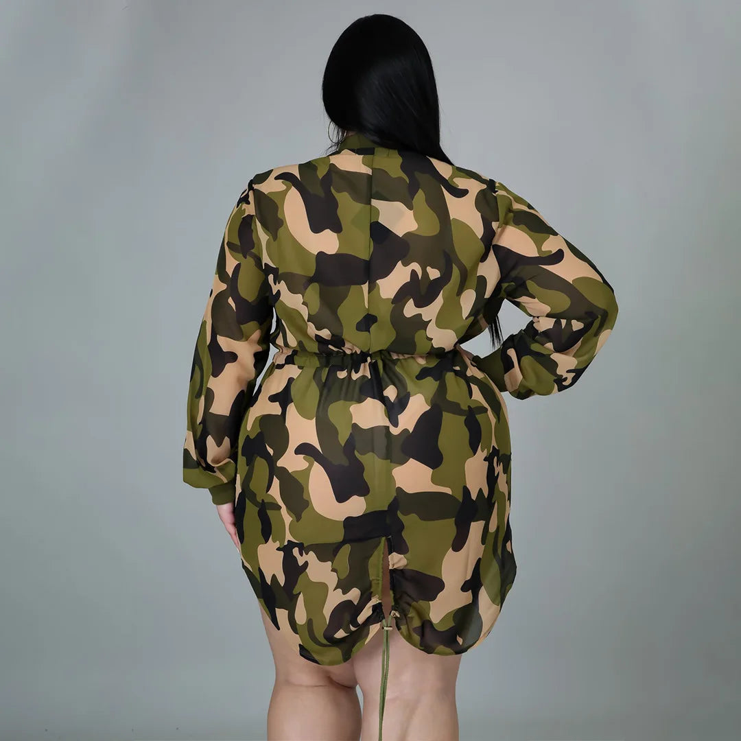 Plus Size Camouflage Print Loose Front Zipper Dress