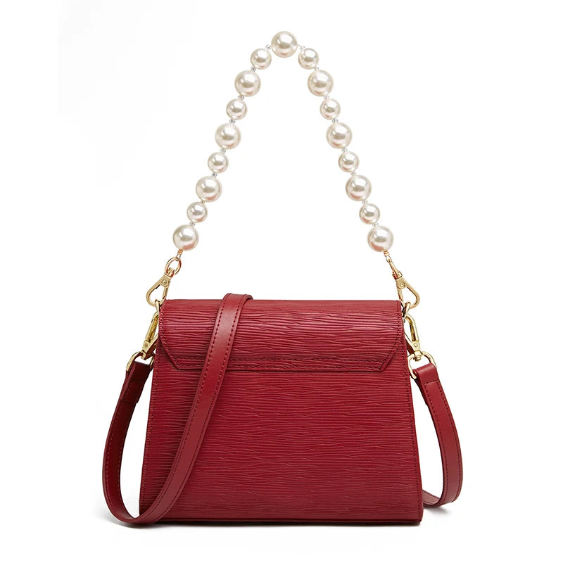 Pearled Holder Split Leather Underarm Handbag