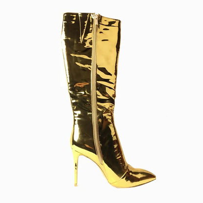 Knee High Pointed Toe Metallic High Heel Boots