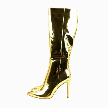 Knee High Pointed Toe Metallic High Heel Boots